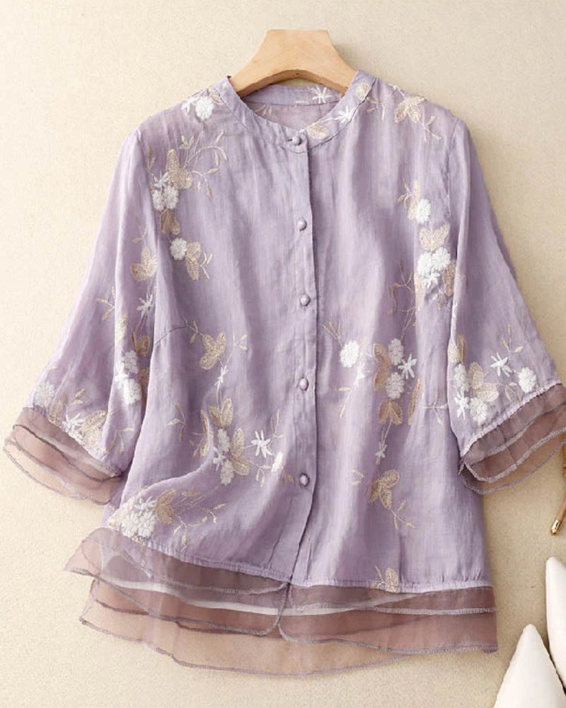 ELUANA - EBROIDERED COTTON LINEN BLOUSE