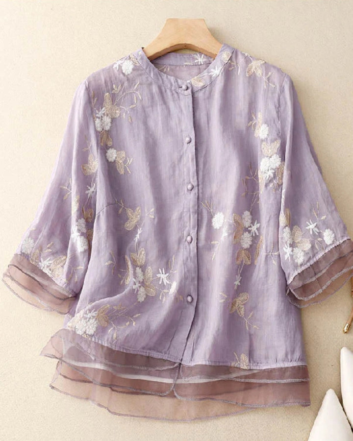ELUANA - EBROIDERED COTTON LINEN BLOUSE