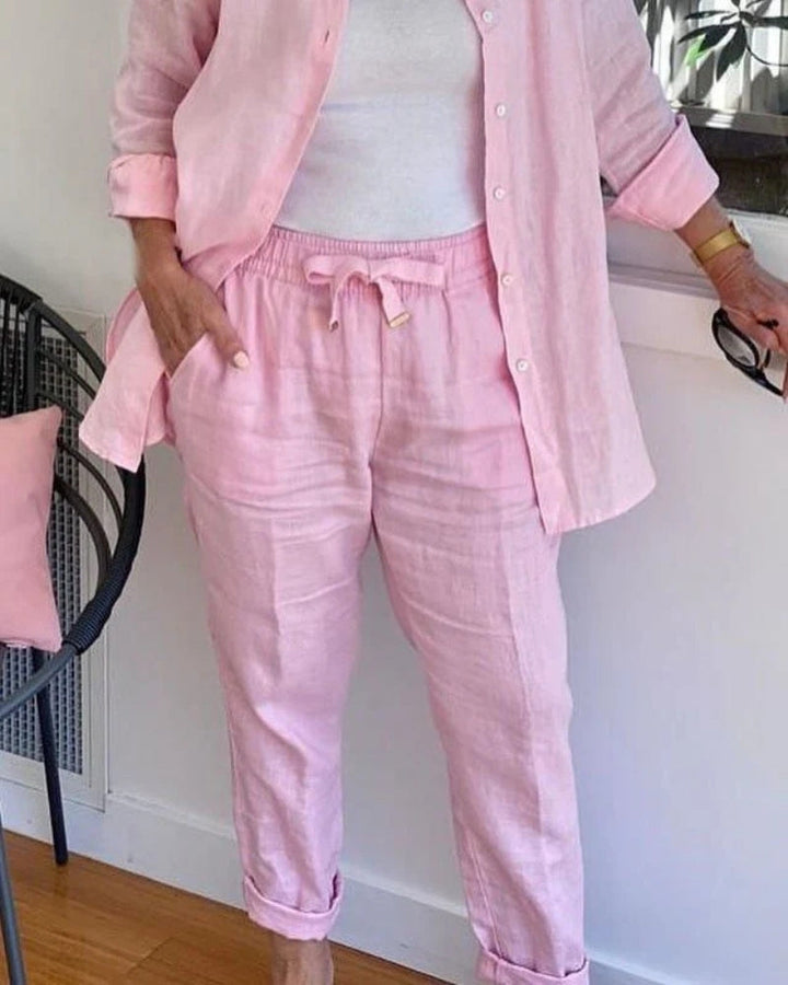 AIAUN: Cotton Linen Blouse & Pants Set