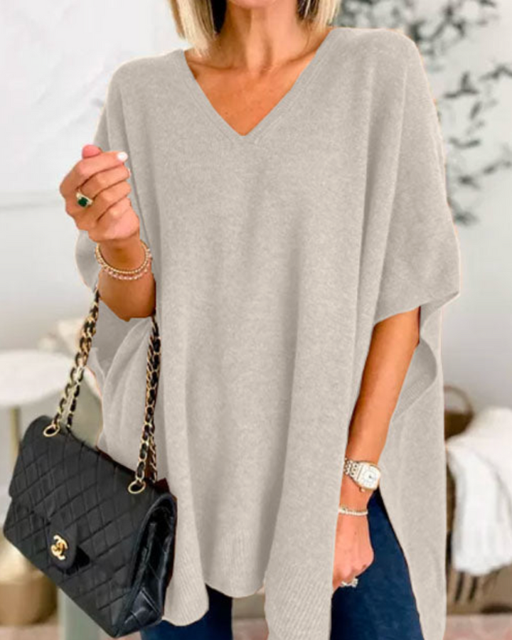 ERICA - V Neck Loose Fit Solid Poncho Sweater