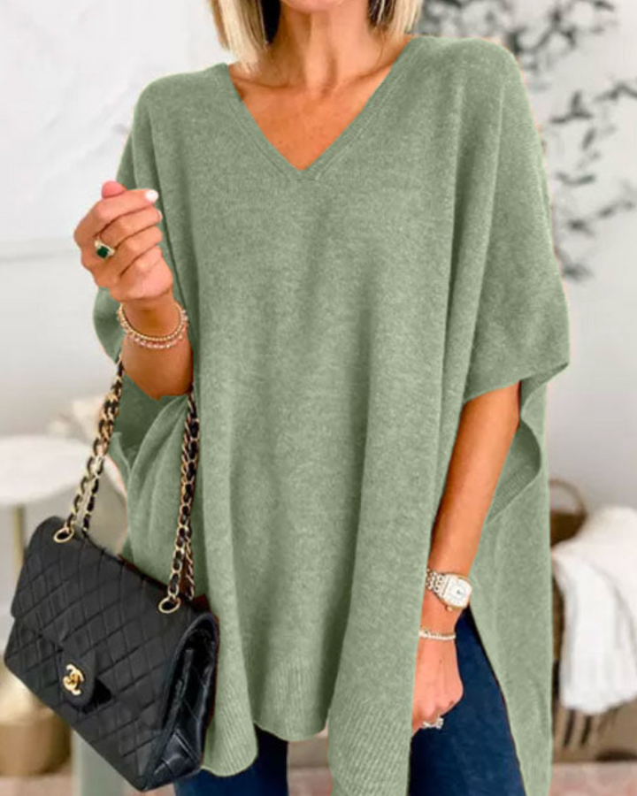 ERICA - V Neck Loose Fit Solid Poncho Sweater