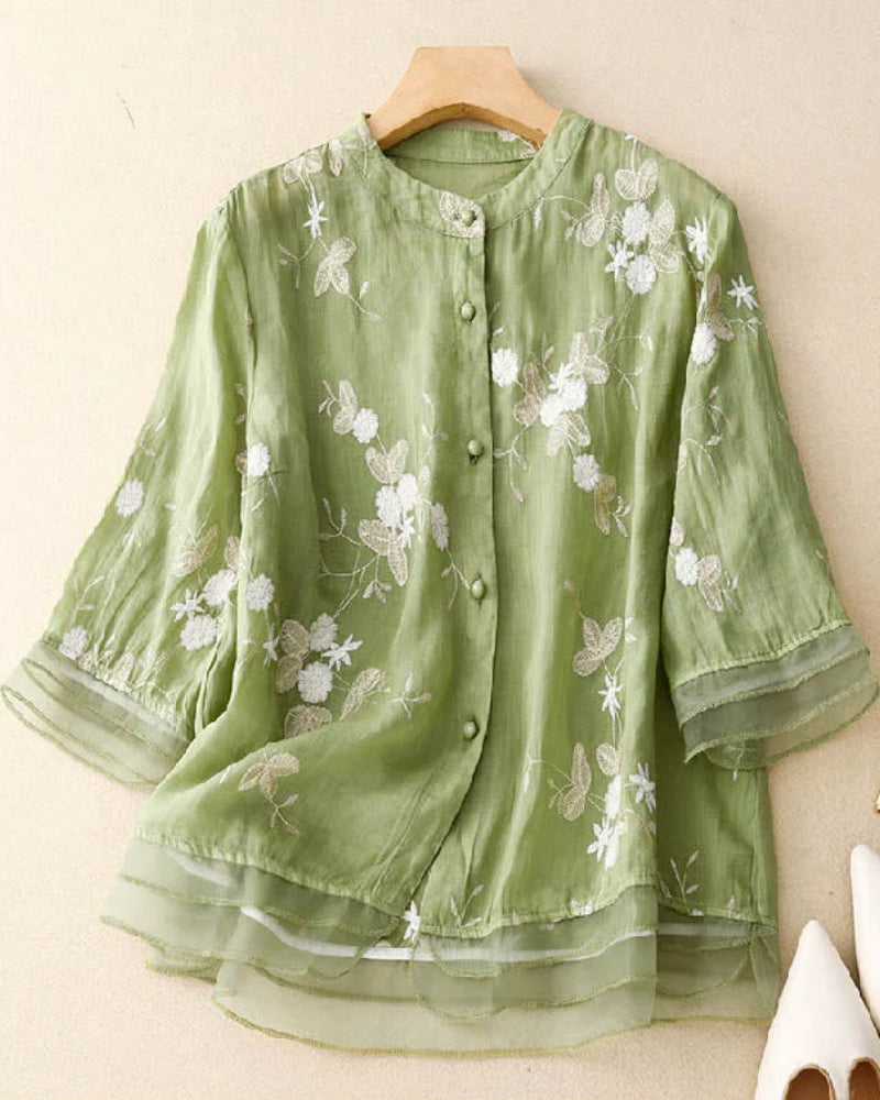 ELUANA - EBROIDERED COTTON LINEN BLOUSE